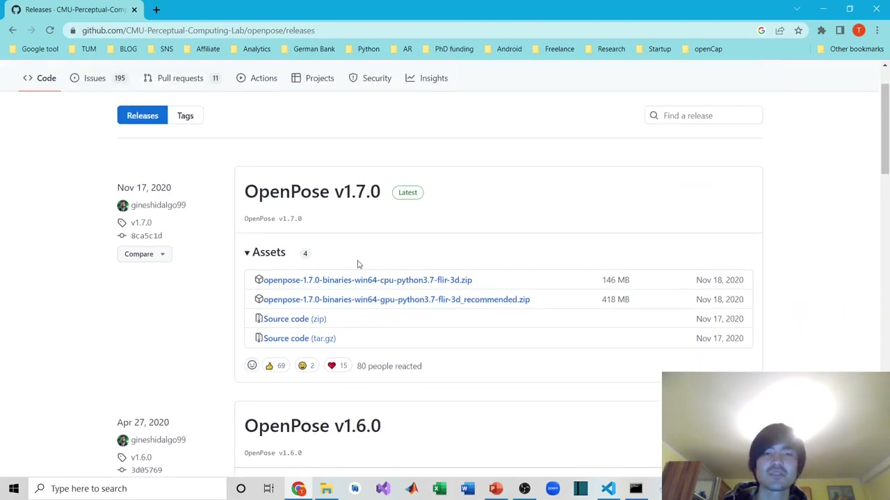 OpenPose v1.7.0 の GitHub リリースページ（CPU版・GPU版のダウンロード）