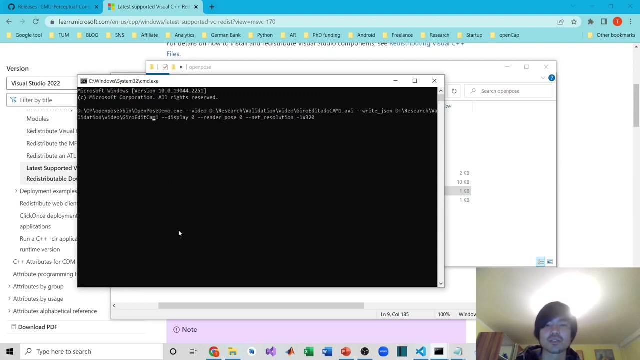 OpenPoseDemo.exe を video・write_json・display・render_pose・net_resolution 引数付きで実行