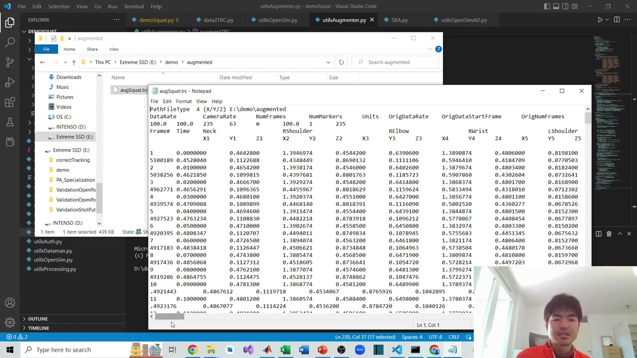 The augmented .trc file open in a text editor, showing header rows and X/Y/Z columns per marker
