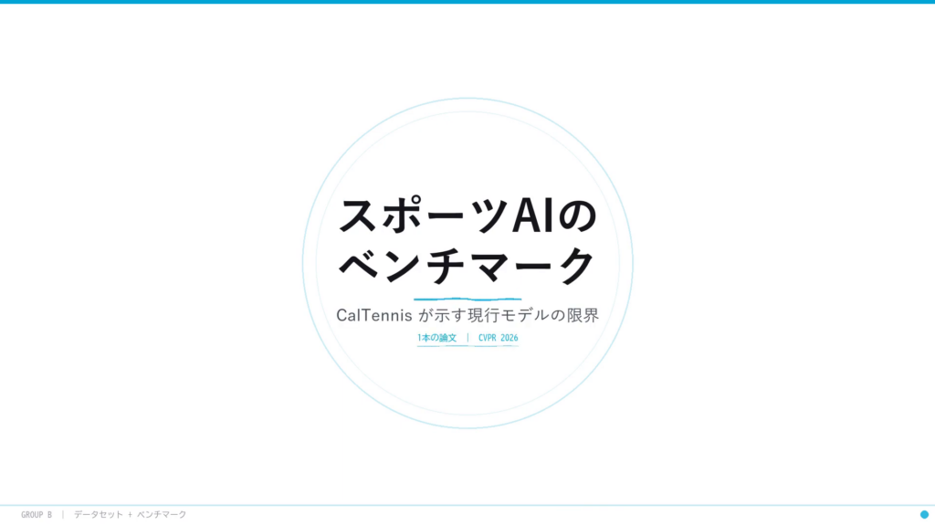 スポーツAIのベンチマーク — CalTennis が示す現行モデルの限界：タイトルスライド。