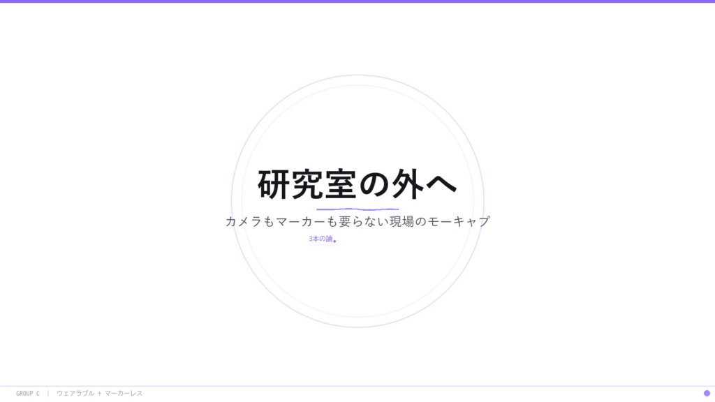 研究室の外へ — カメラもマーカーも要らない現場のモーキャプ：3本の論文レビューのタイトルスライド。