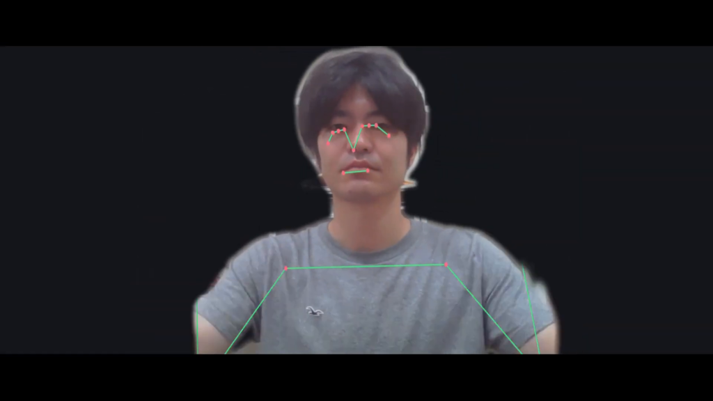 Real-time browser motion capture: a live upper-body skeleton drawn by MediaPipe PoseLandmarker over a webcam feed, green bones and pink landmarks.