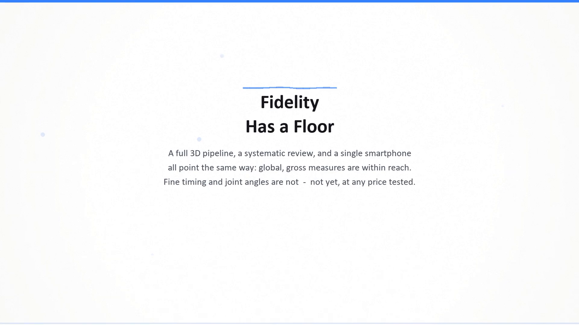 Fidelity has a floor: a full 3D pipeline, a systematic review and a single smartphone all point the same way — global gross measures are within reach, fine timing and joint angles are not, at any price point.