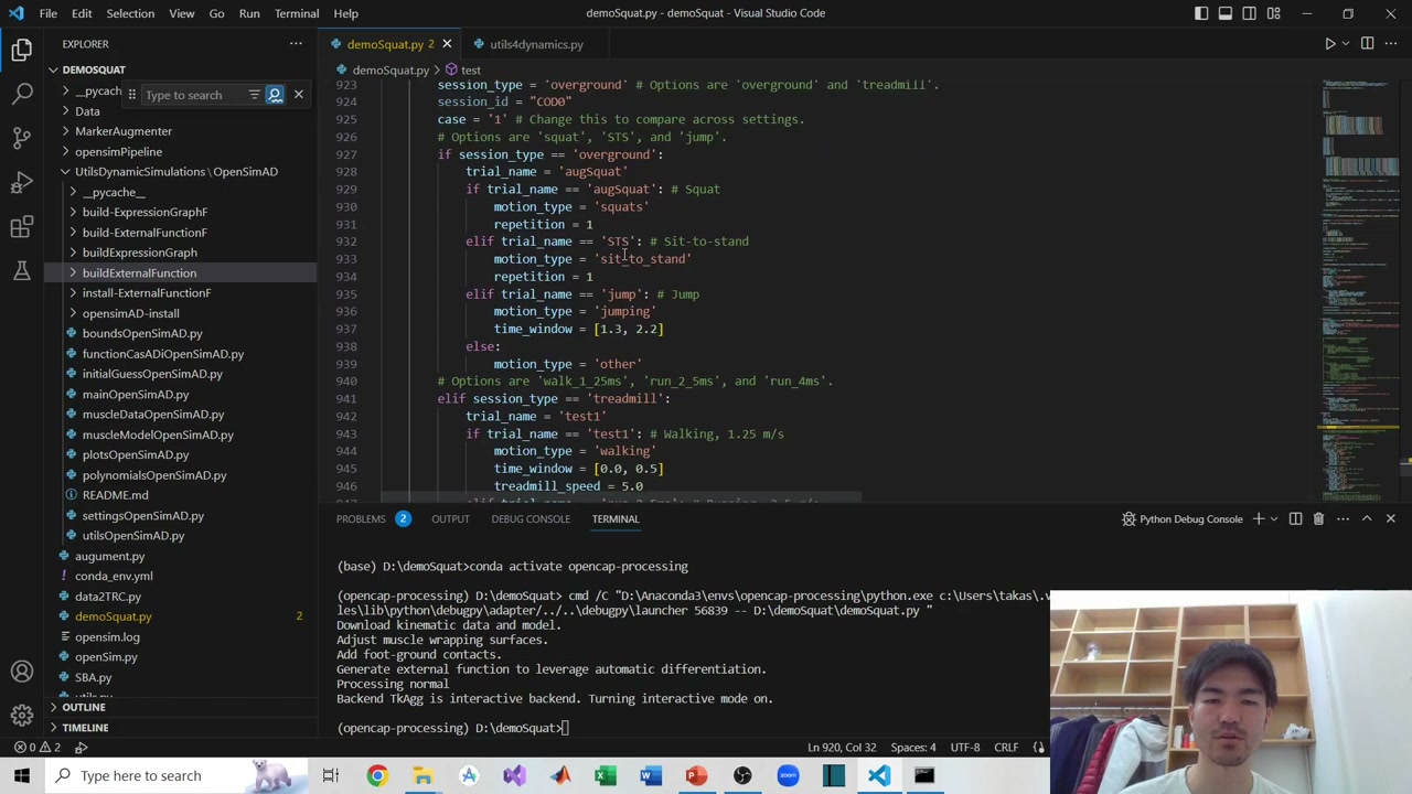 Python config: overground vs treadmill, motion types squat / sit-to-stand / jump / walking, repetition or time_window