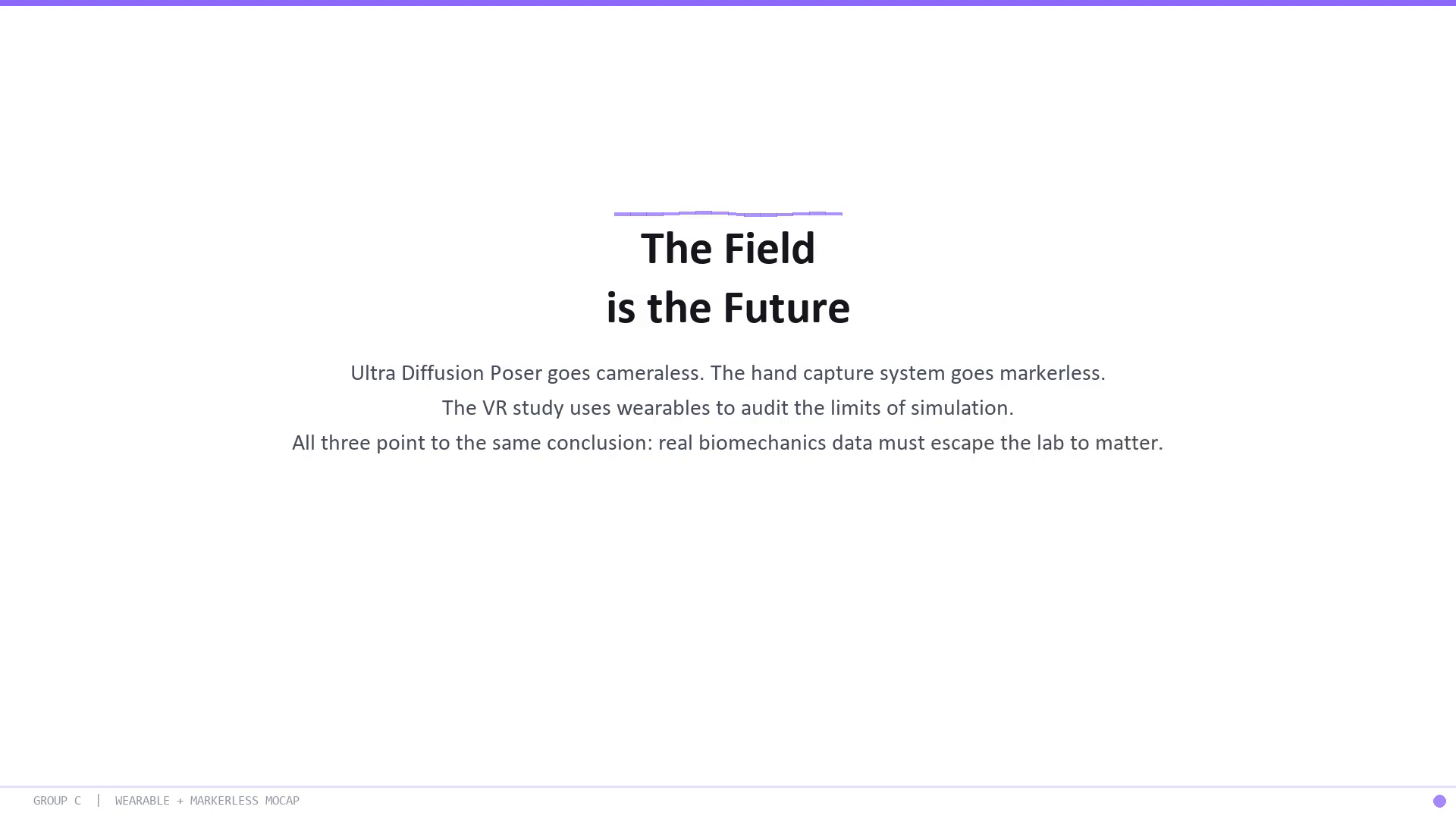 The field is the future: Ultra Diffusion Poser goes cameraless, hand capture goes markerless, and the VR study uses wearables to audit the limits of simulation.