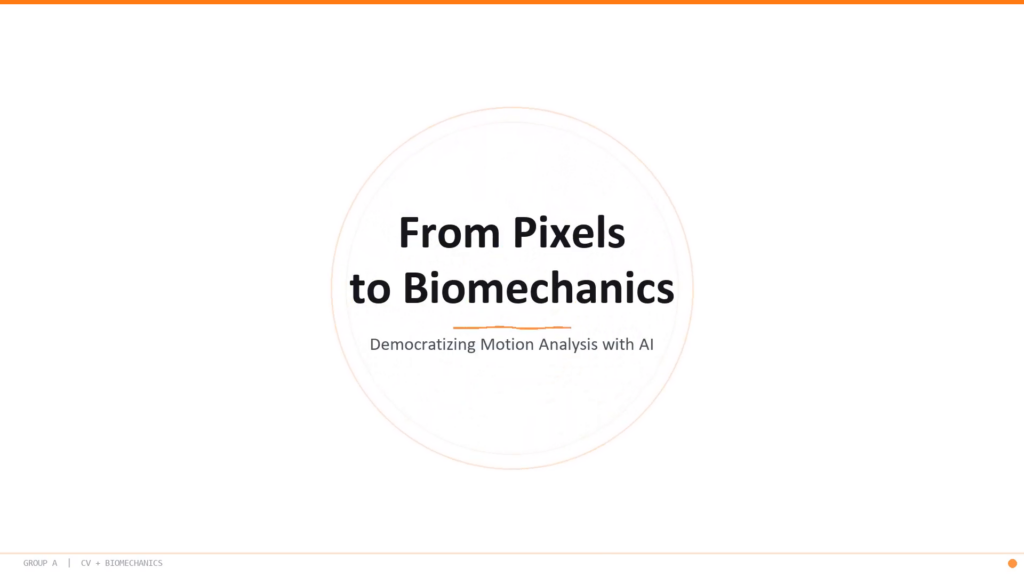 From Pixels to Biomechanics — democratizing motion analysis with AI: title slide of a four-paper review.