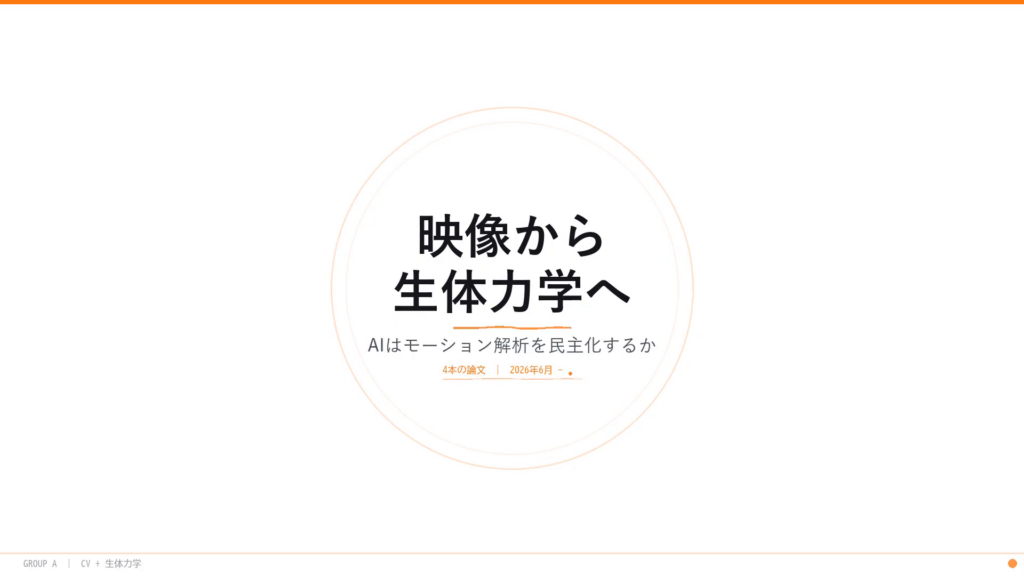 映像から生体力学へ — AIはモーション解析を民主化するか：論文4本のレビューのタイトルスライド。