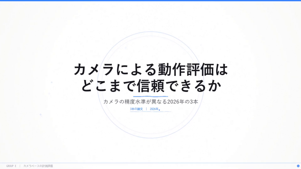 カメラによる動作評価はどこまで信頼できるか — カメラの精度水準が異なる2026年の論文3本：タイトルスライド。