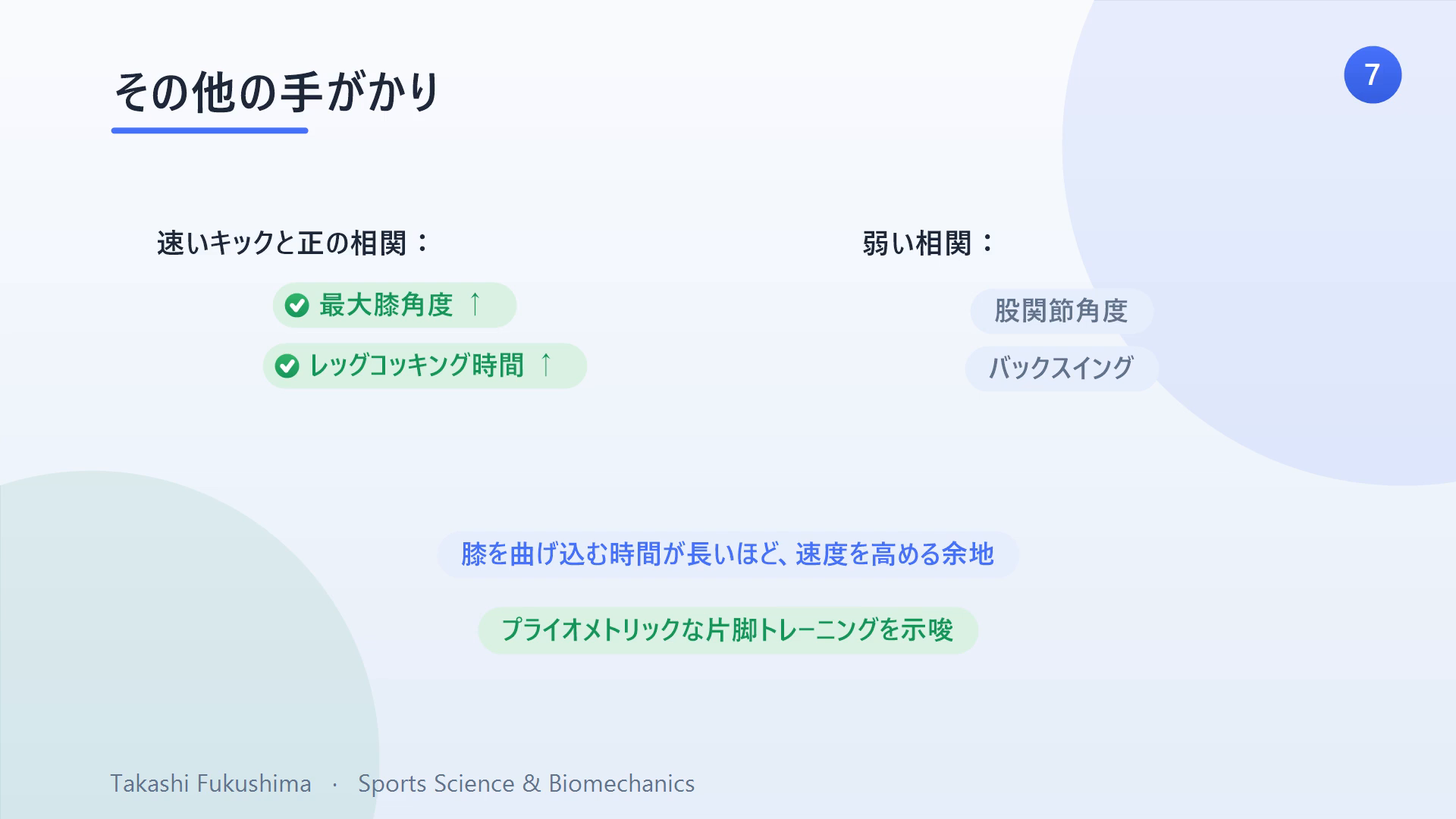 その他の手がかり：速いキックと正の相関は最大膝角度とレッグコッキング時間、弱い相関は股関節角度とバックスイング。片脚プライオメトリックを示唆。