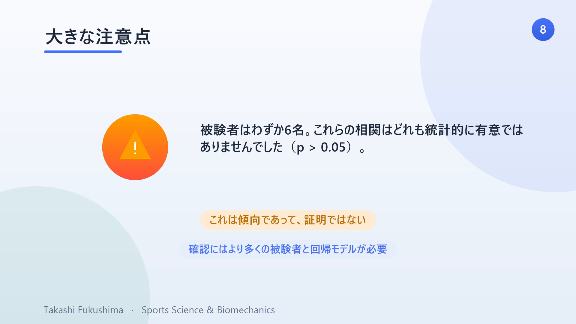 大きな注意点：被験者はわずか6名で、相関はどれも統計的に有意ではなかった（p>0.05）。これは傾向であって証明ではない。
