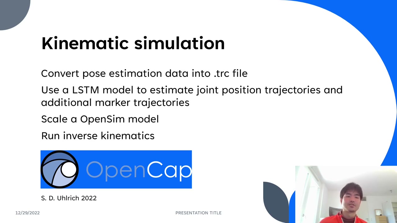 Kinematic simulation steps: convert to .trc, LSTM marker augmentation, scale the OpenSim model, run inverse kinematics, with the OpenCap logo