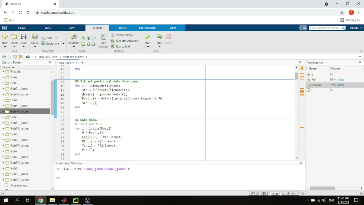 MATLAB code: fileread and jsondecode over the JSON files, extracting pose_keypoints_2d and splitting into X, Y, and confidence