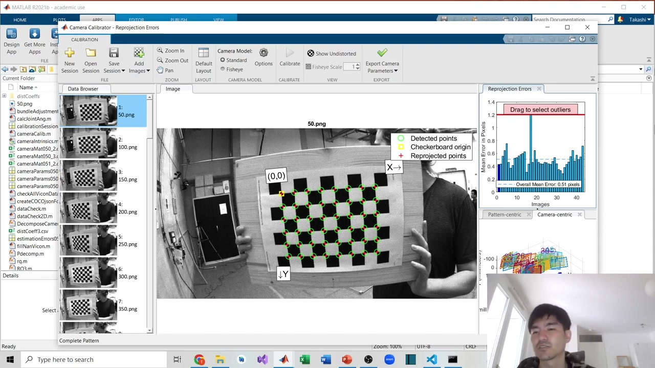 MATLAB reprojection error chart and detected vs reprojected points, overall mean error 0.51 pixels