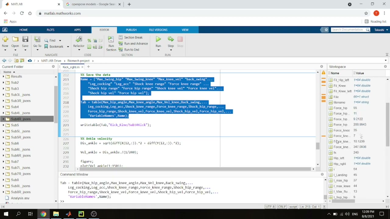 MATLAB code building a table of 14 result variables and writing it to CSV with writetable