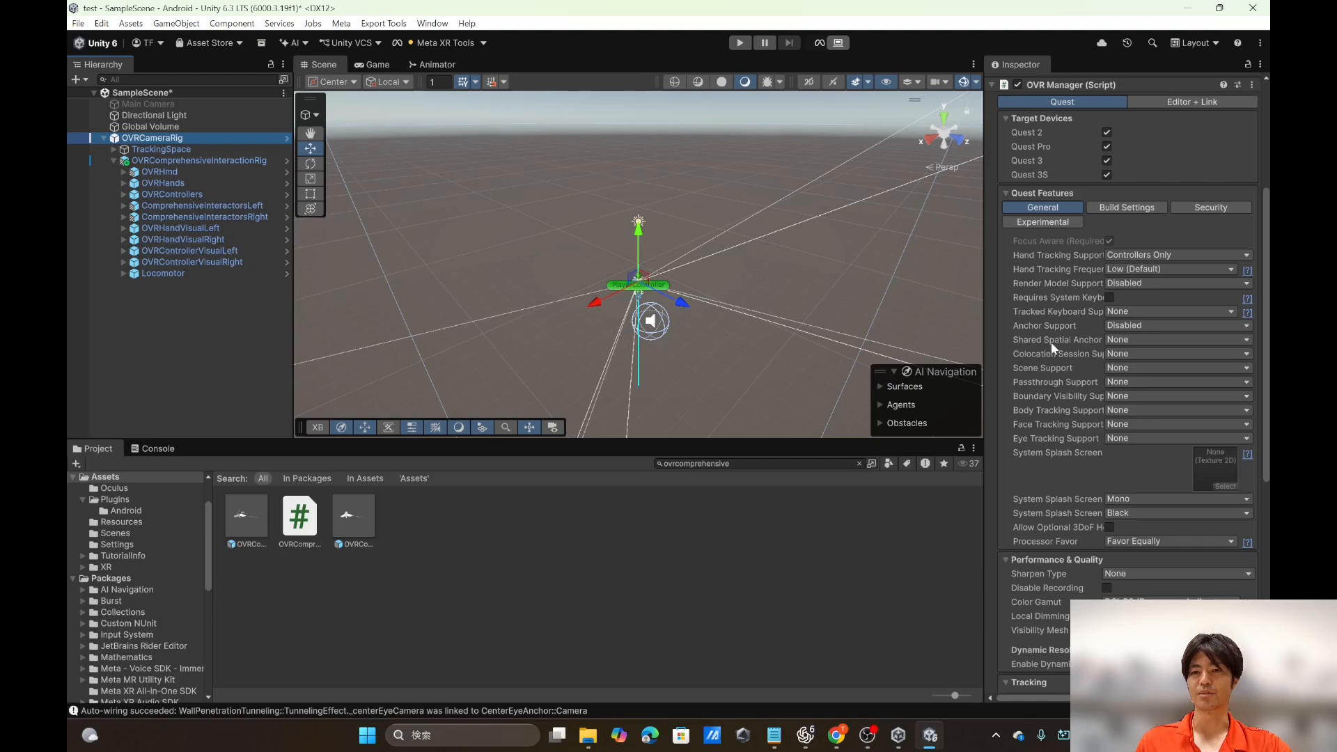 The OVR Manager Quest Features panel in Unity showing Hand Tracking, Passthrough, Body Tracking, Face Tracking and Eye Tracking support options.