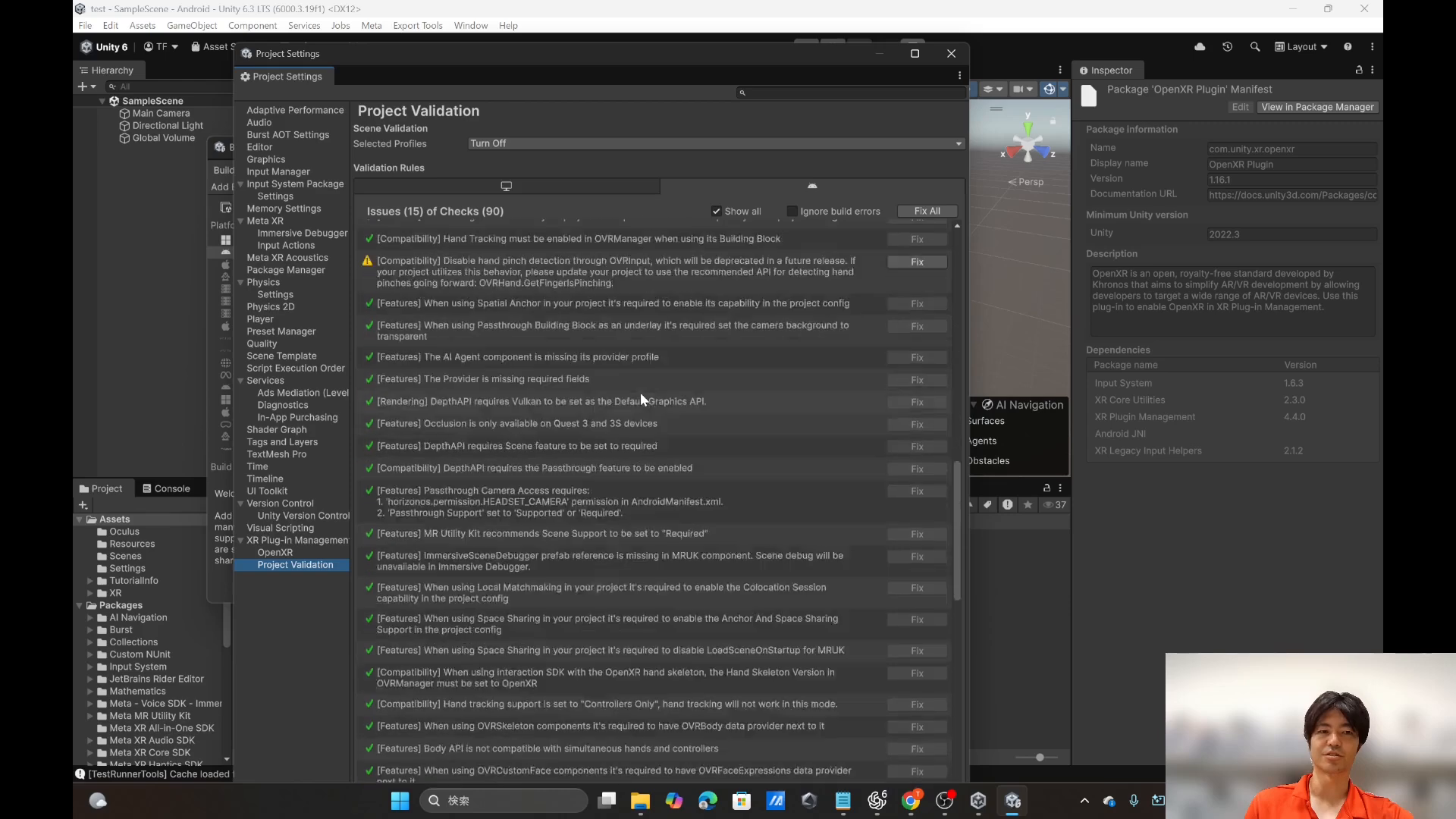 Meta XR Project Validation panel listing 15 issues out of 90 checks, each with a Fix button and a Fix All button at the top.