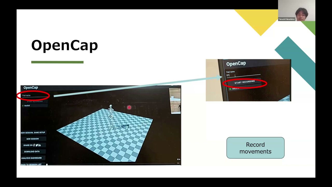 OpenCap recording interface with a reconstructed 3D skeleton on a checkerboard floor