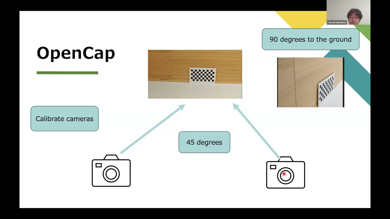 OpenCap camera calibration: two cameras at 45 degrees to a checkerboard mounted 90 degrees to the ground