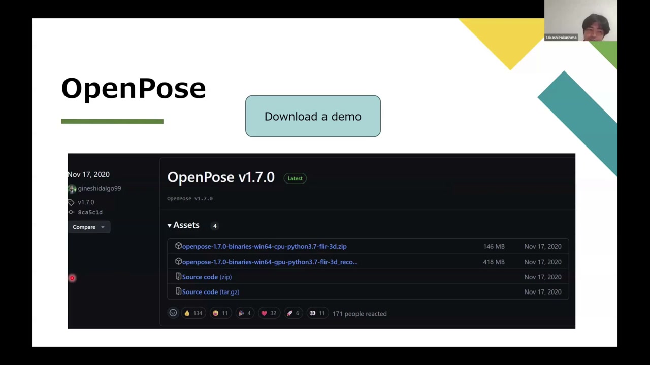 OpenPose v1.7.0 GitHub releases page with the CPU and GPU portable-demo assets