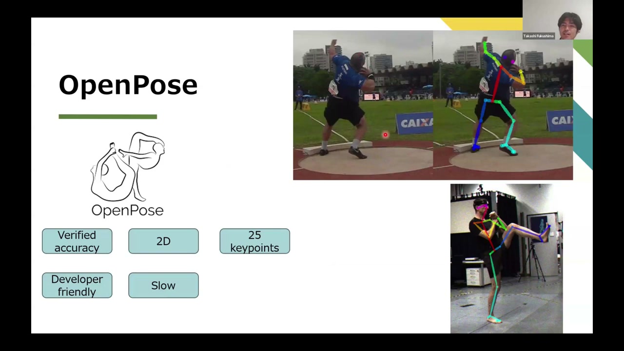 OpenPose overview slide: 2D, 25 keypoints, developer friendly, slow; with skeletons detected on athletes