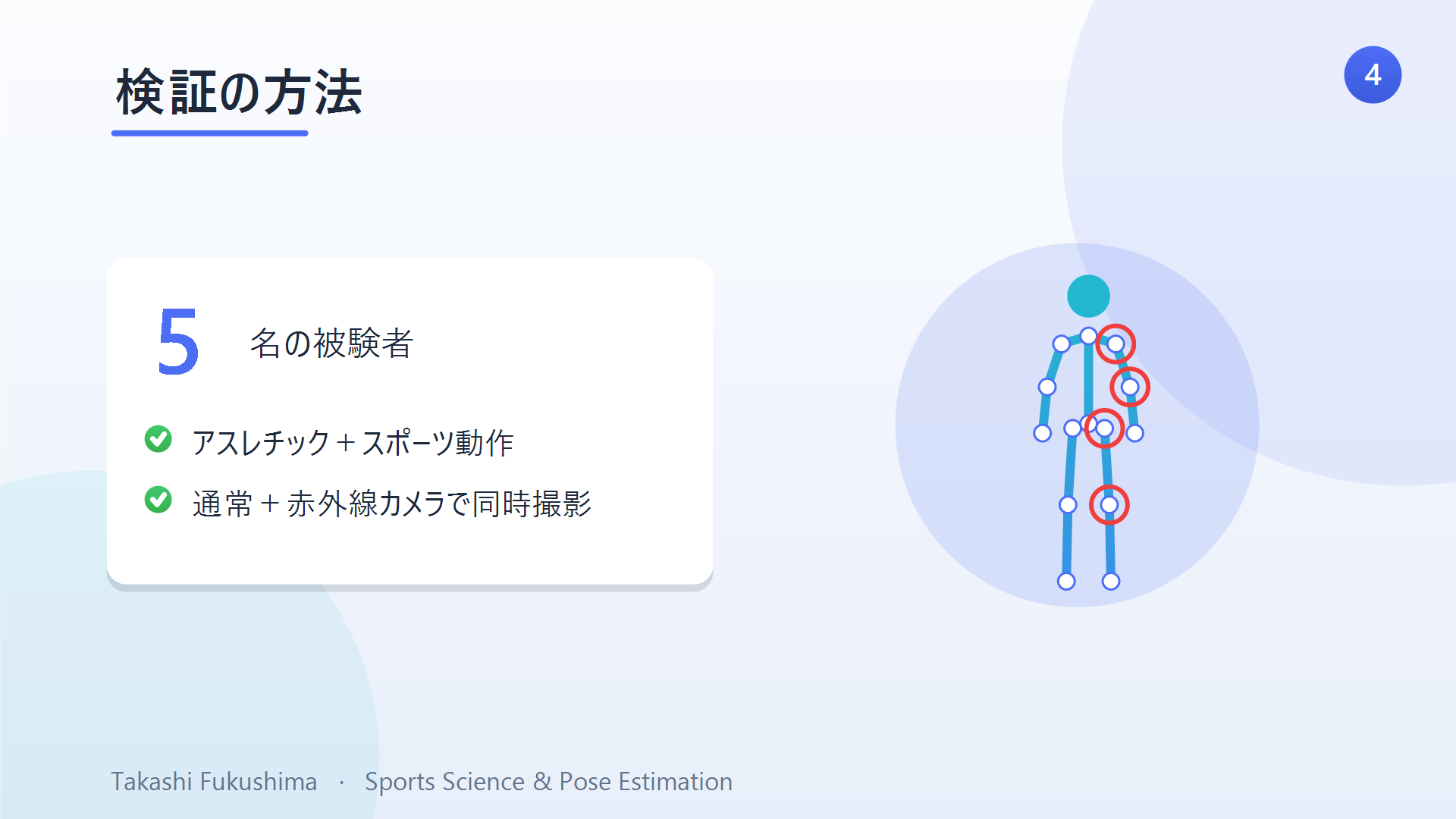 研究の設定:被験者5名、通常カメラ対 赤外線マーカー式(基準)、肘・肩・股関節・膝を比較。