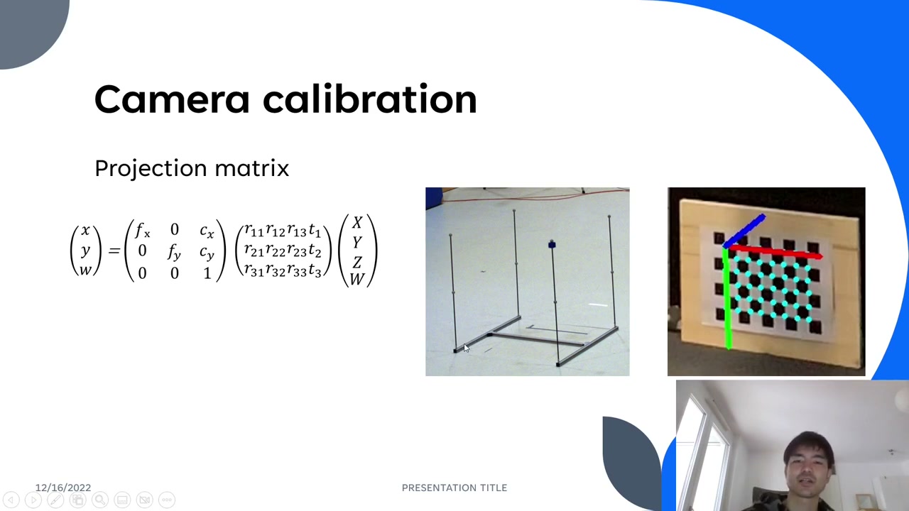 Projection matrix equation (intrinsics times extrinsics) alongside the physical calibration cage