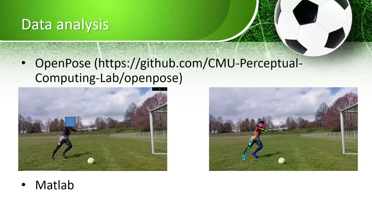 A soccer kick frame with the OpenPose skeleton overlaid on the player