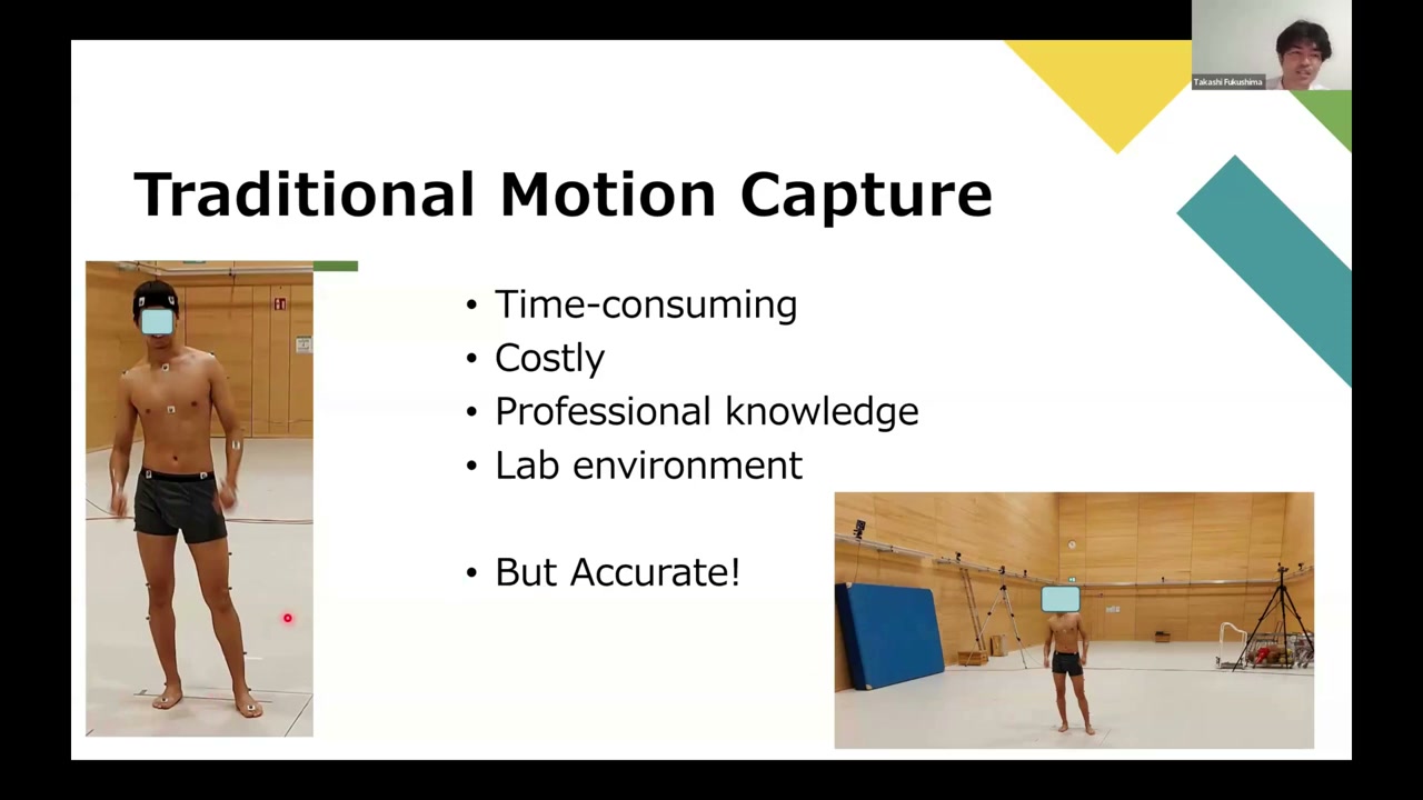 Marker-based motion capture: ~40 markers on the body in a camera-equipped lab