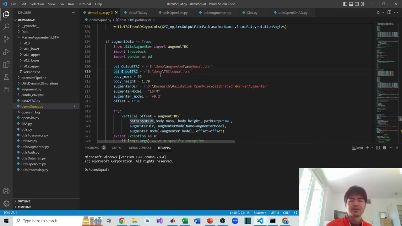 Python: writeTRCfrom3DKeypoints and augmentTRC called with body mass, body height and the LSTM model
