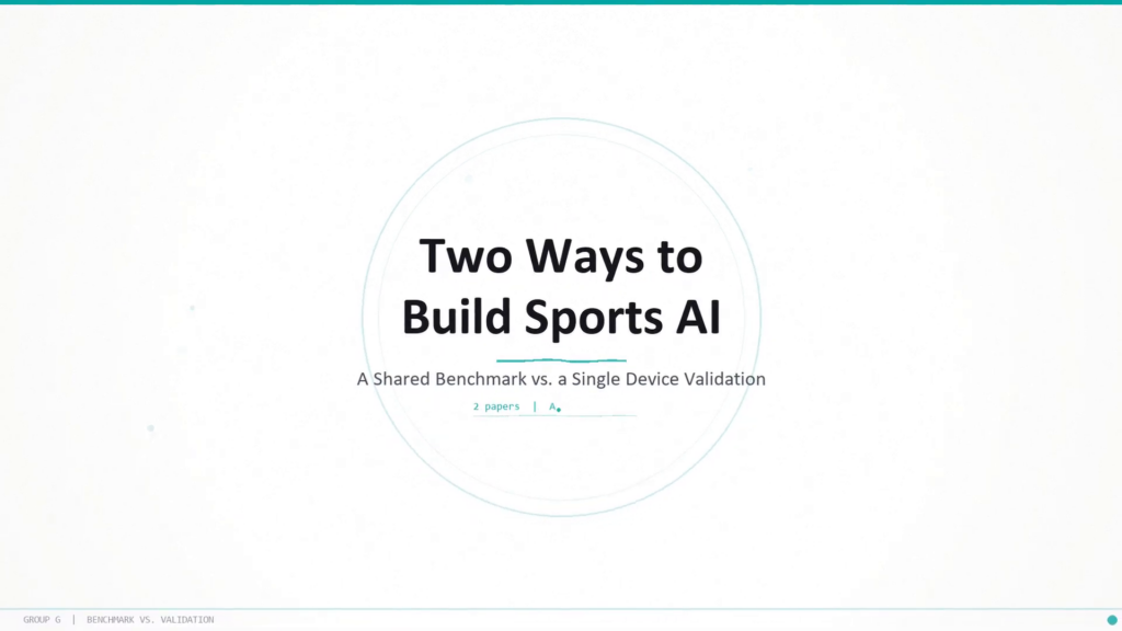 Two Ways to Build Sports AI — a shared benchmark vs a single device validation: title slide.