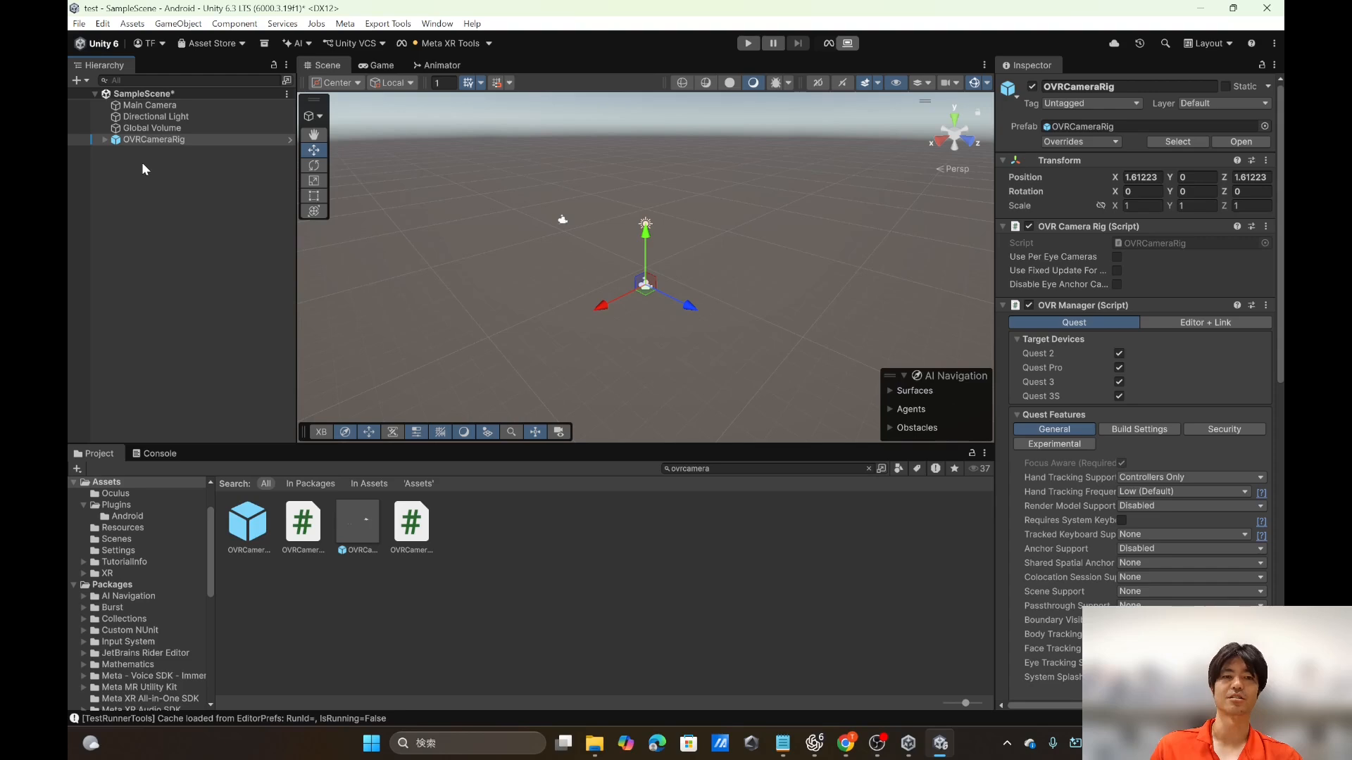 OVRCameraRig added to the Unity hierarchy with the OVR Manager component showing Quest target devices in the Inspector.