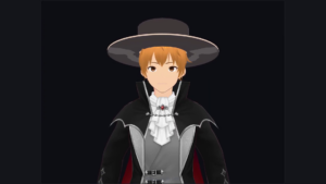 A 3D VRM avatar loaded and rendered in the browser with three.js and three-vrm, framed on the upper body against a dark background.