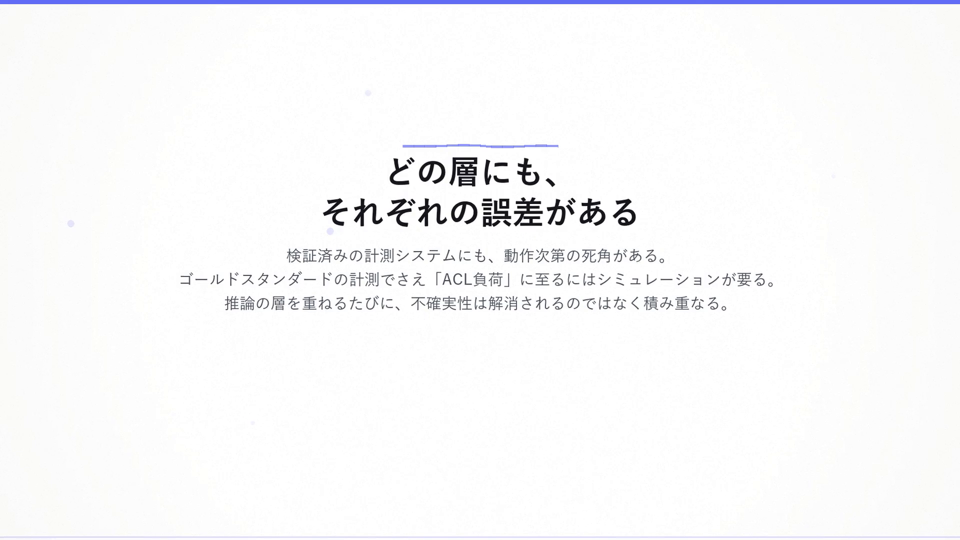 どの層にも、それぞれの誤差がある:検証済みの計測システムにも動作次第の死角があり、ゴールドスタンダードの計測でさえ「ACL負荷」に至るにはシミュレーションが要る。推論の層を重ねるたびに、不確実性は解消されず積み重なる。