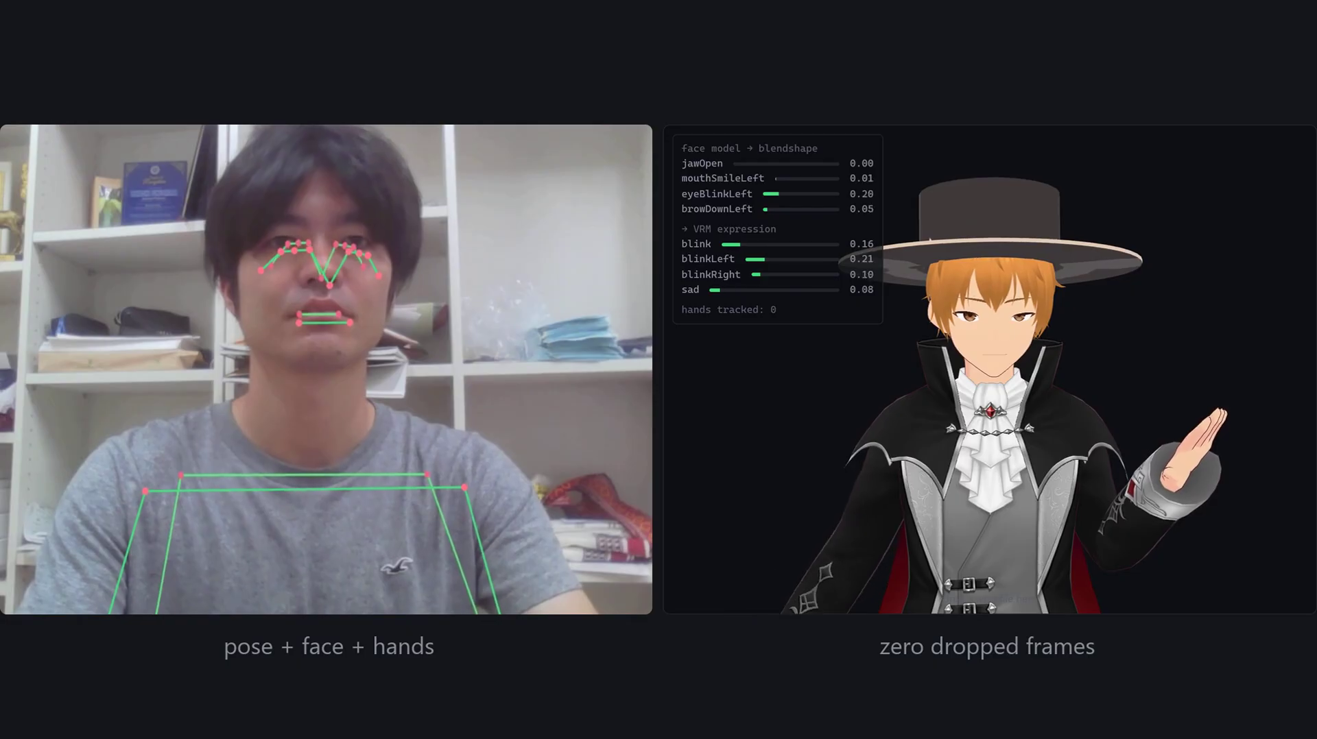 The finished webcam avatar: pose, face and hands tracked together from one webcam and mirrored onto the VRM in real time, with zero dropped frames.