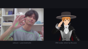 Split screen: a webcam feed with MediaPipe pose landmarks on the left drives a 3D VRM avatar on the right, which mirrors the pose in real time in the browser.