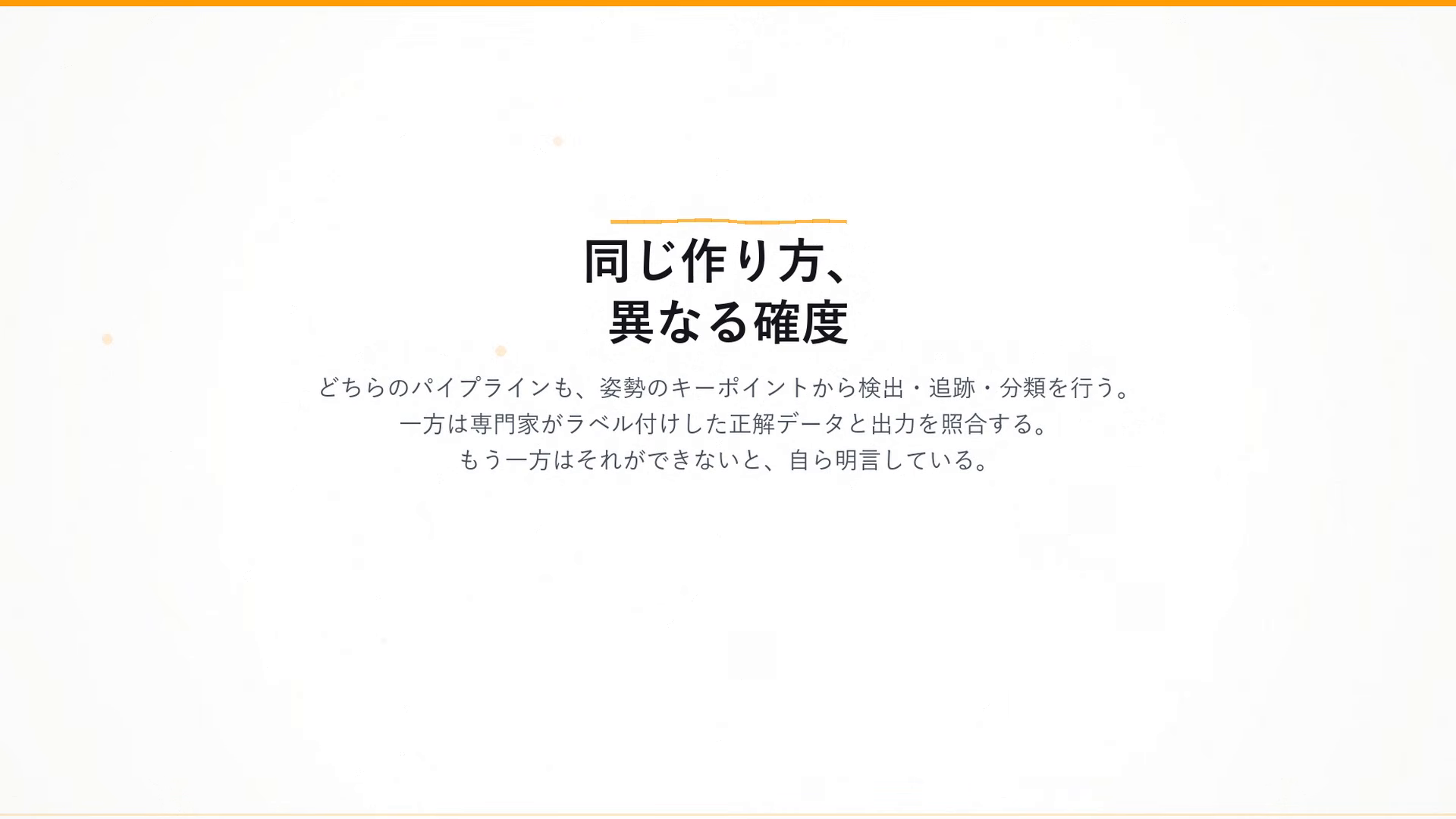 同じ作り方、異なる確度：どちらのパイプラインも姿勢キーポイントから検出・追跡・分類を行う。一方は専門家のラベルと照合し、もう一方はそれができない——そしてそれを自ら明言する。