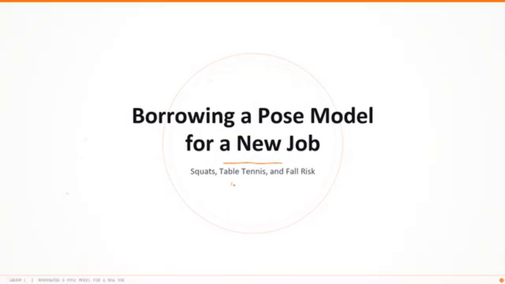 Title slide reading 'Borrowing a Pose Model for a New Job — Squats, Table Tennis, and Fall Risk'.