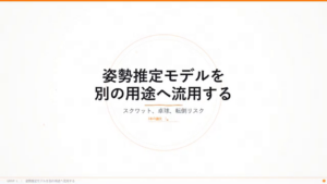 タイトルスライド「姿勢推定モデルを別の用途へ流用する — スクワット、卓球、転倒リスク」。