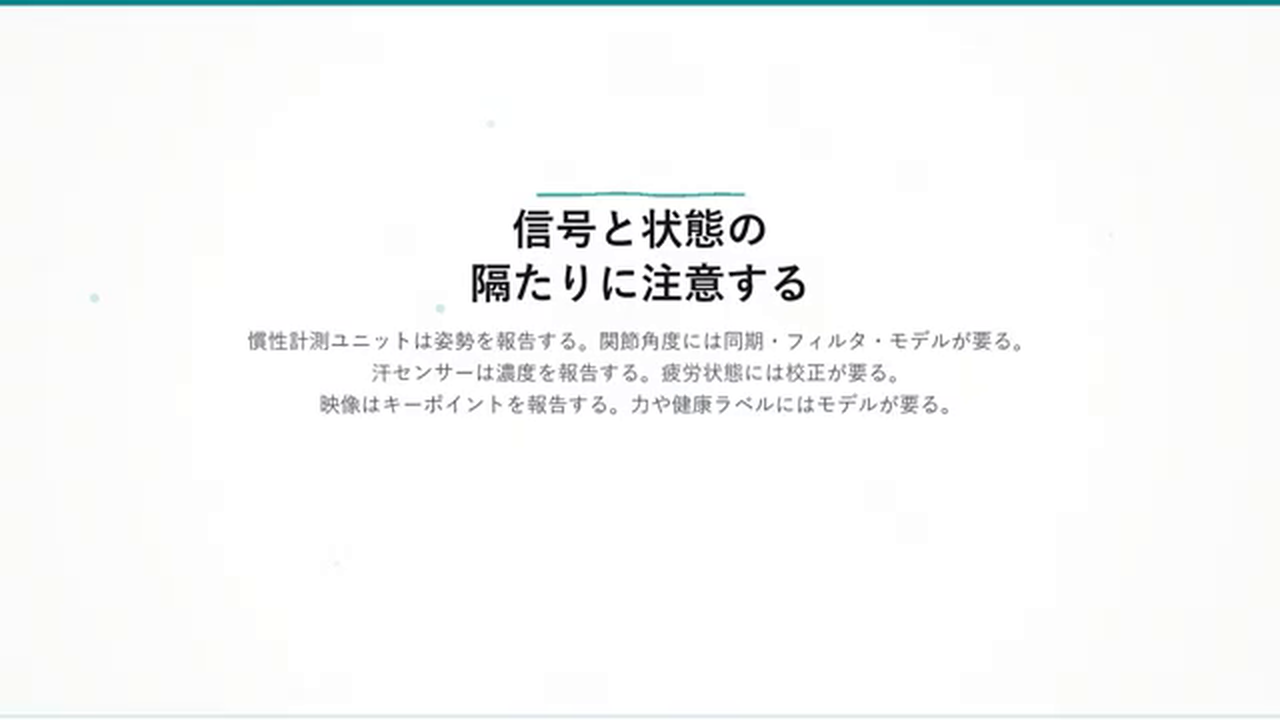 まとめのスライド「信号と状態の隔たりに注意する」。慣性計測ユニットは姿勢を、汗センサーは濃度を、映像はキーポイントを報告する——求める状態には同期・校正・モデルが要る。