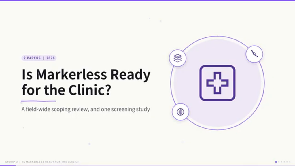 Title slide reading 'Is Markerless Ready for the Clinic? — A field-wide scoping review, and one screening study'.