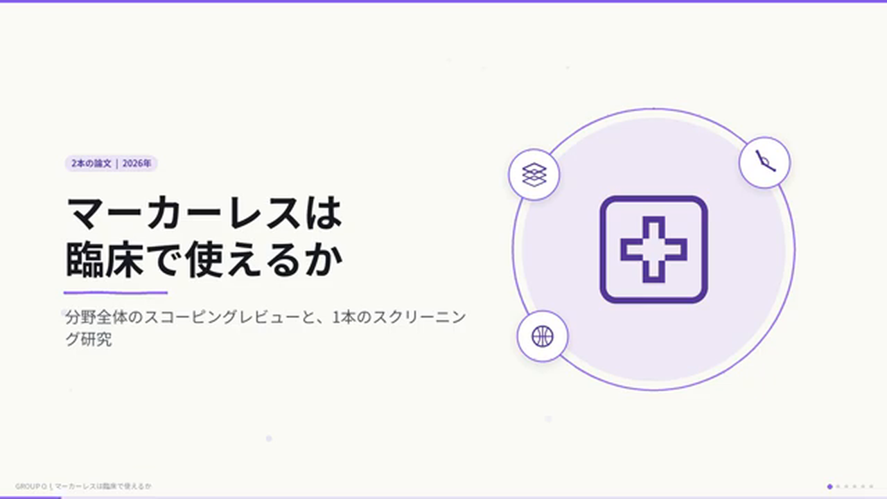 タイトルスライド「マーカーレスは臨床で使えるか — 分野全体のスコーピングレビューと、1本のスクリーニング研究」。
