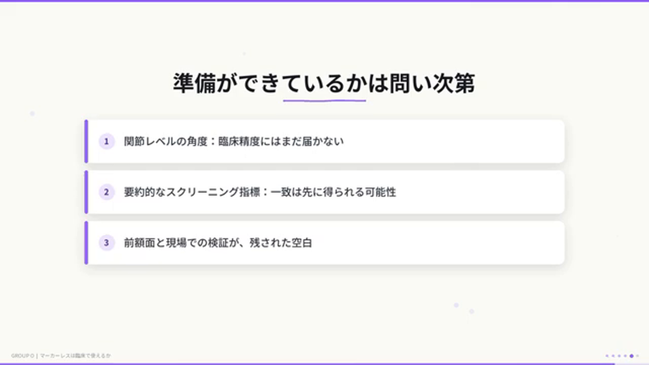 まとめのスライド「準備ができているかは問い次第」。関節レベルの角度は臨床精度にまだ届かず、要約的なスクリーニング指標なら一致は先に得られる可能性、前額面と現場での検証が残された空白。
