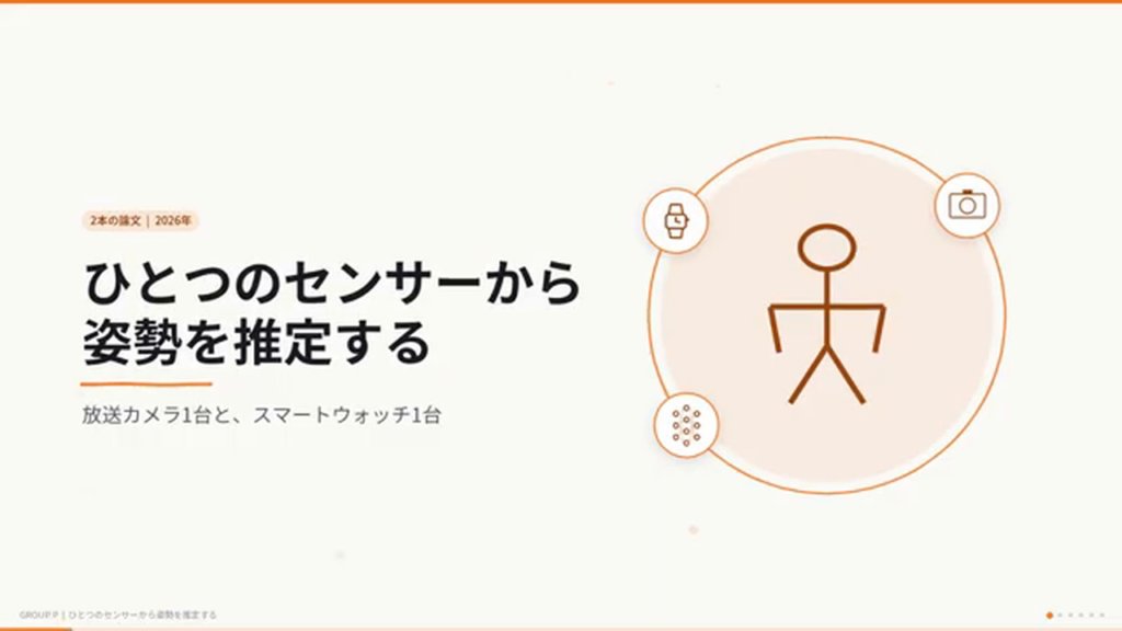 タイトルスライド「ひとつのセンサーから姿勢を推定する — 放送カメラ1台と、スマートウォッチ1台」。