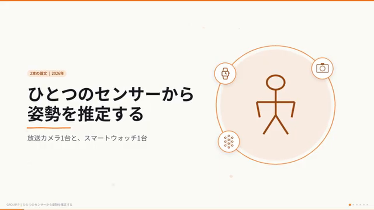 タイトルスライド「ひとつのセンサーから姿勢を推定する — 放送カメラ1台と、スマートウォッチ1台」。